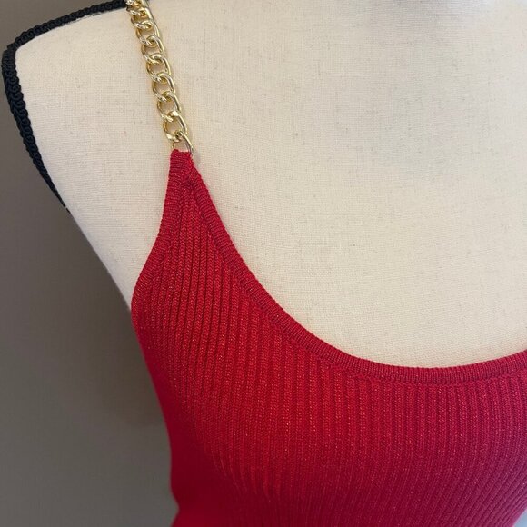 No Boundaries Women's Hot Red Sparkly Tank with gold chai strap, Size Medium - Picture 2 of 8